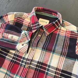 Orvis Womens Fleece Lined Flannel Shirt Jacket Plaid Snap Front Navy Red Large